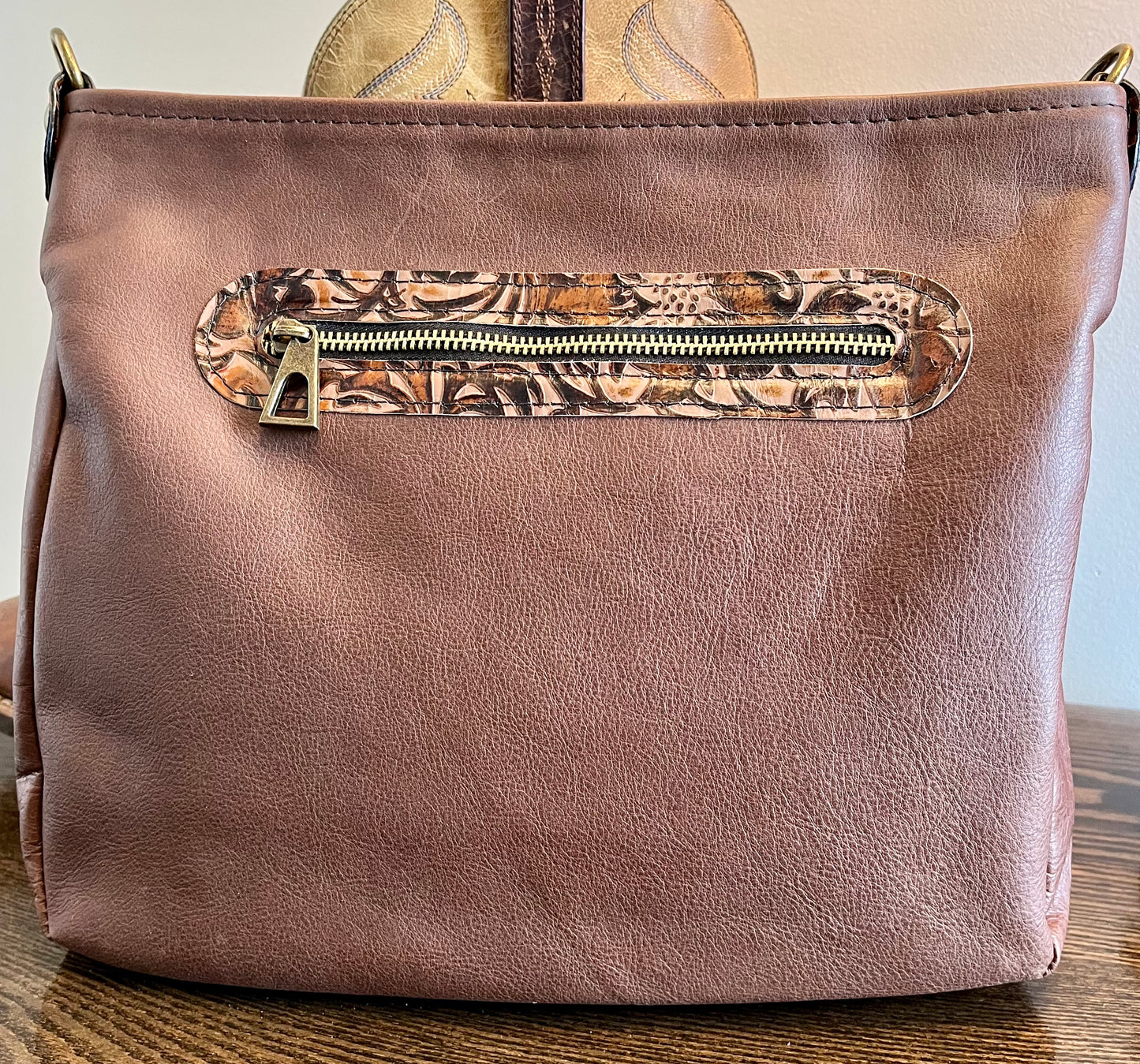 Embossed Brown and Chocolate Brown Leather Purse and Wallet Set