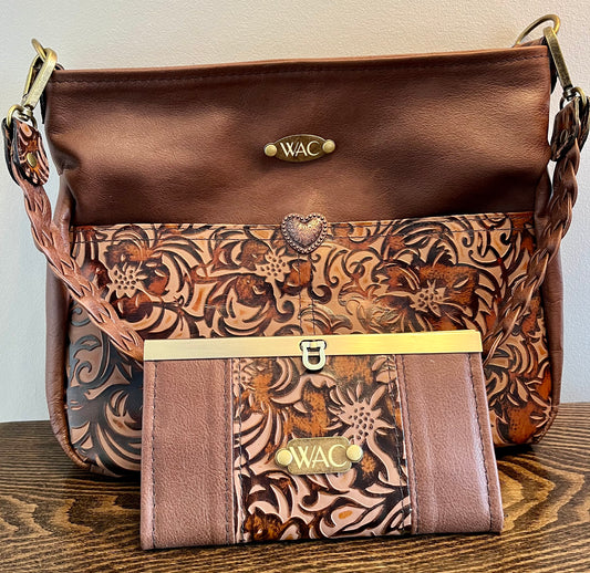 Embossed Brown and Chocolate Brown Leather Purse and Wallet Set