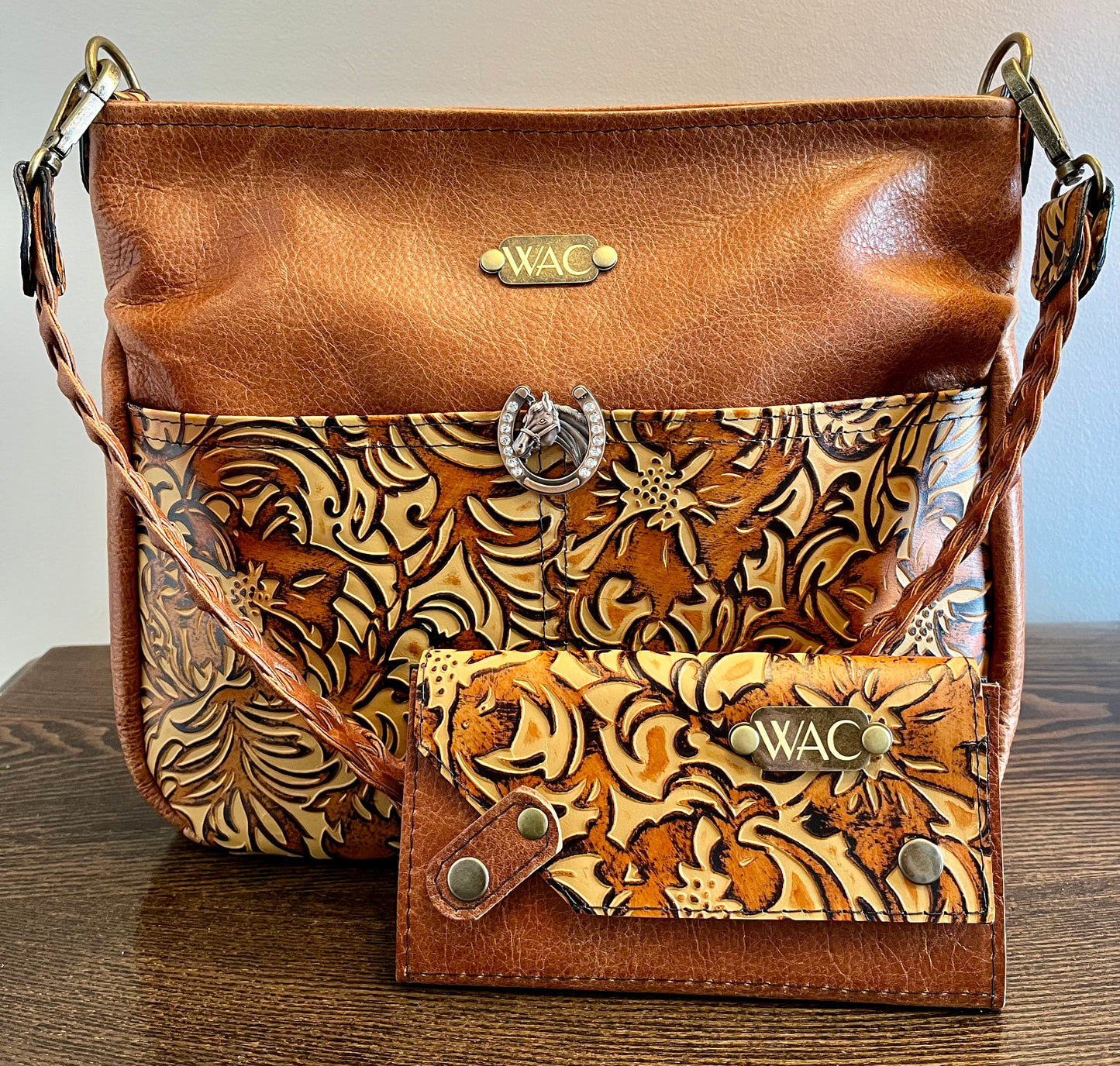 Pumpkin Spice and Floral Embossed Leather Purse and Wallet Set.