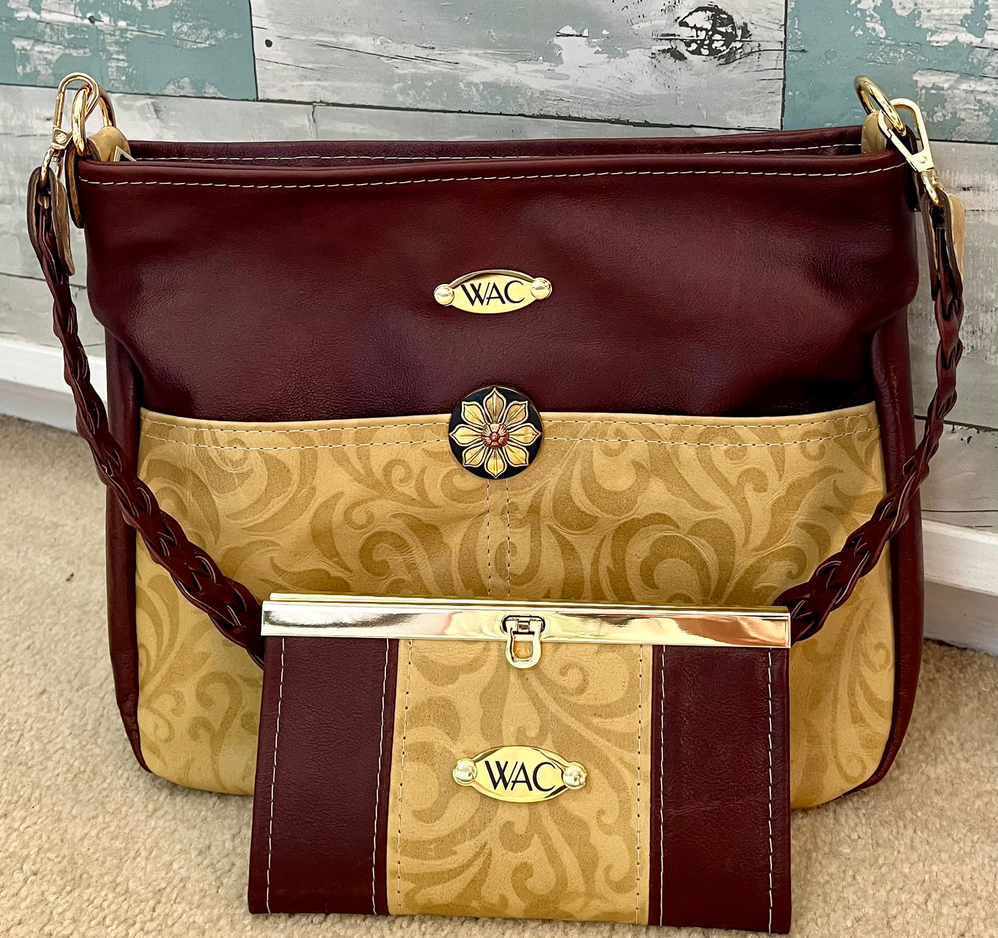 Mahogany Brown and Tan Embossed Purse and Wallet Set
