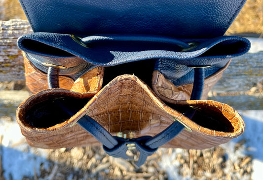 Navy Blue and Croc Embossed Leather Convertible Sling/Backpack