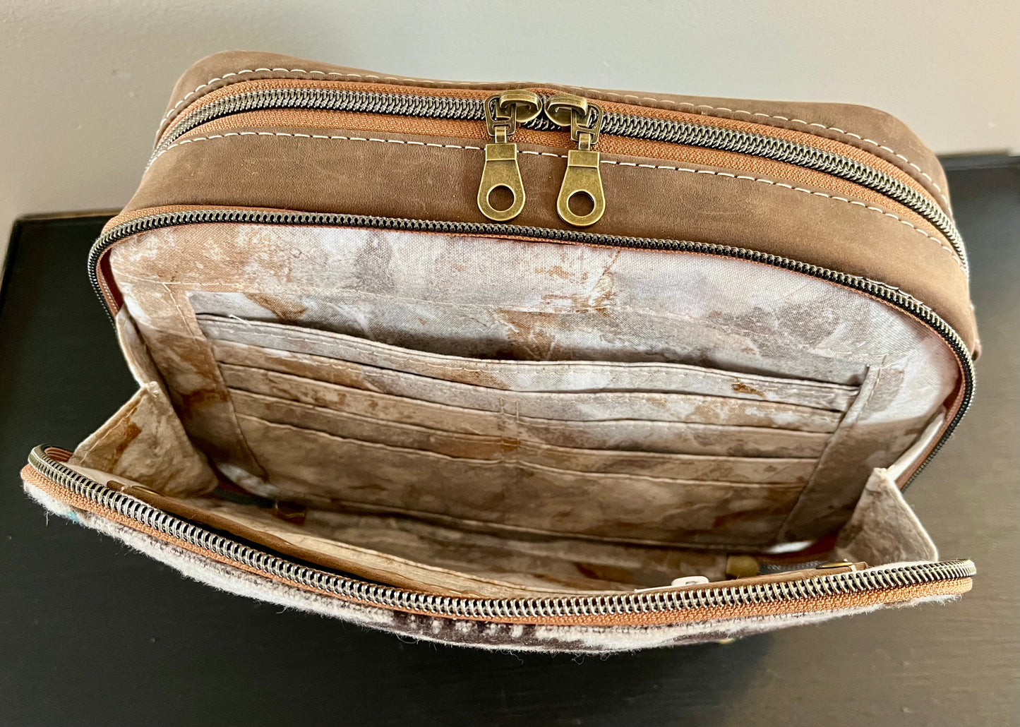 Distressed Leather and Wool Crossbody Purse