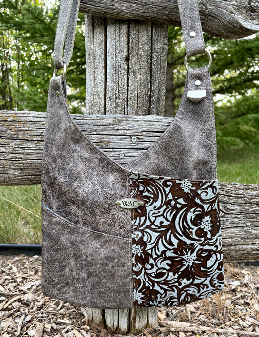 Grey Mottled Leather and Embossed Leather Crossbody Purse