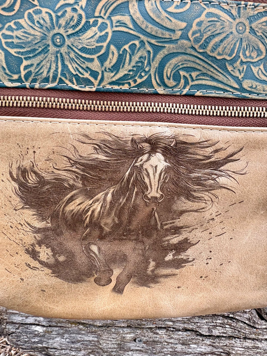 Horse Engraved Leather Crossbody Purse