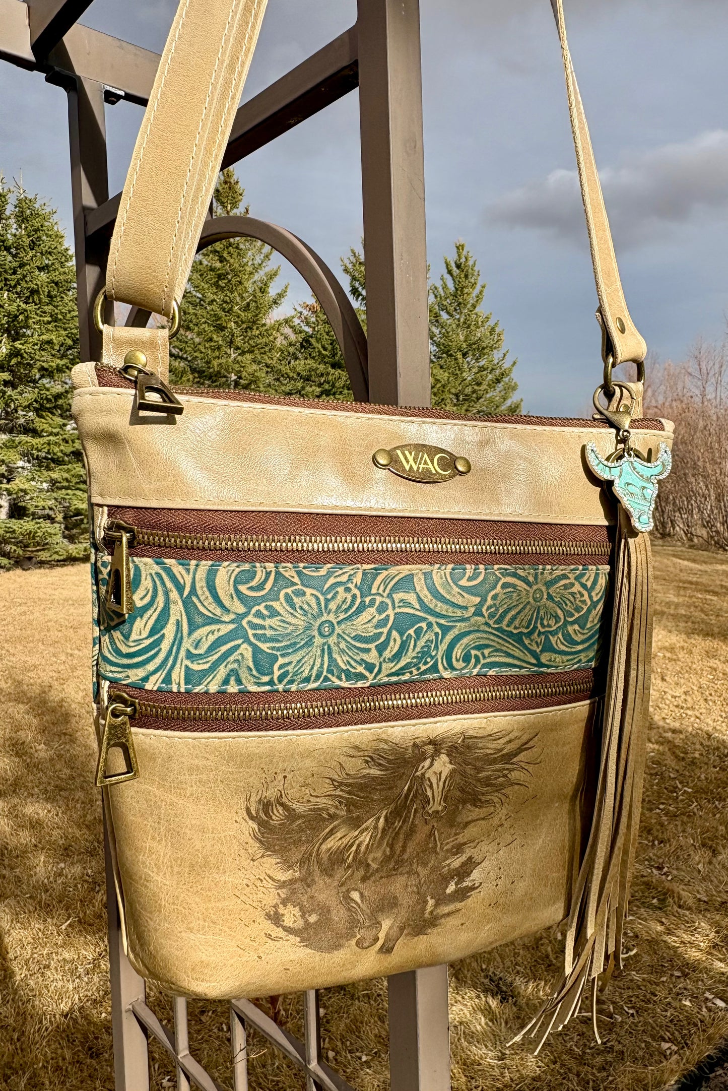 Horse Engraved Leather Crossbody Purse