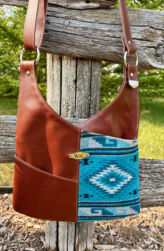 Chestnut Leather and Blue Wool Crossbody Purse