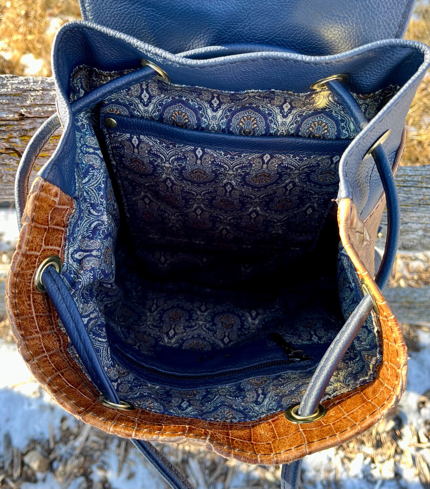 Navy Blue and Croc Embossed Leather Convertible Sling/Backpack