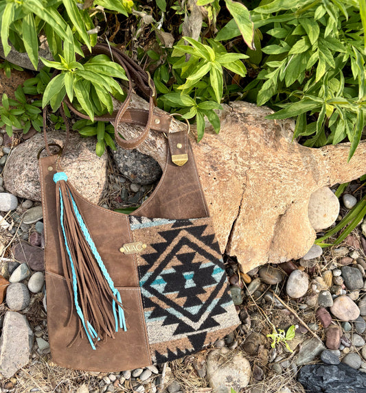 Distressed Brown Leather and Wool Crossbody Purse