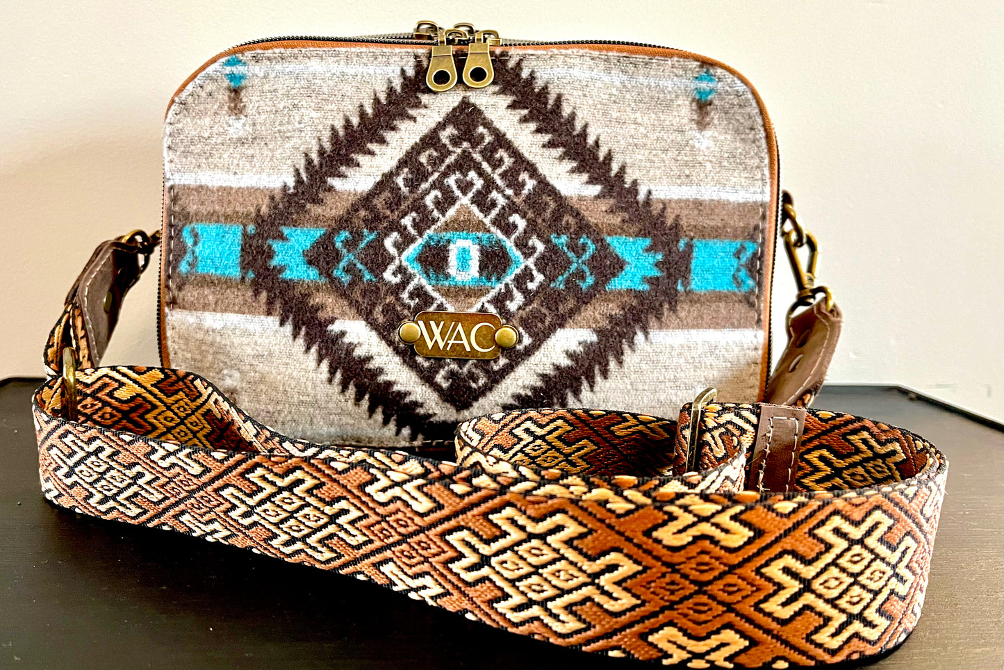 Distressed Leather and Wool Crossbody Purse