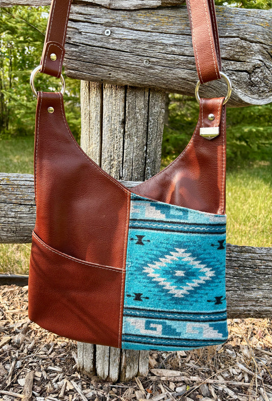Chestnut Leather and Blue Wool Crossbody Purse