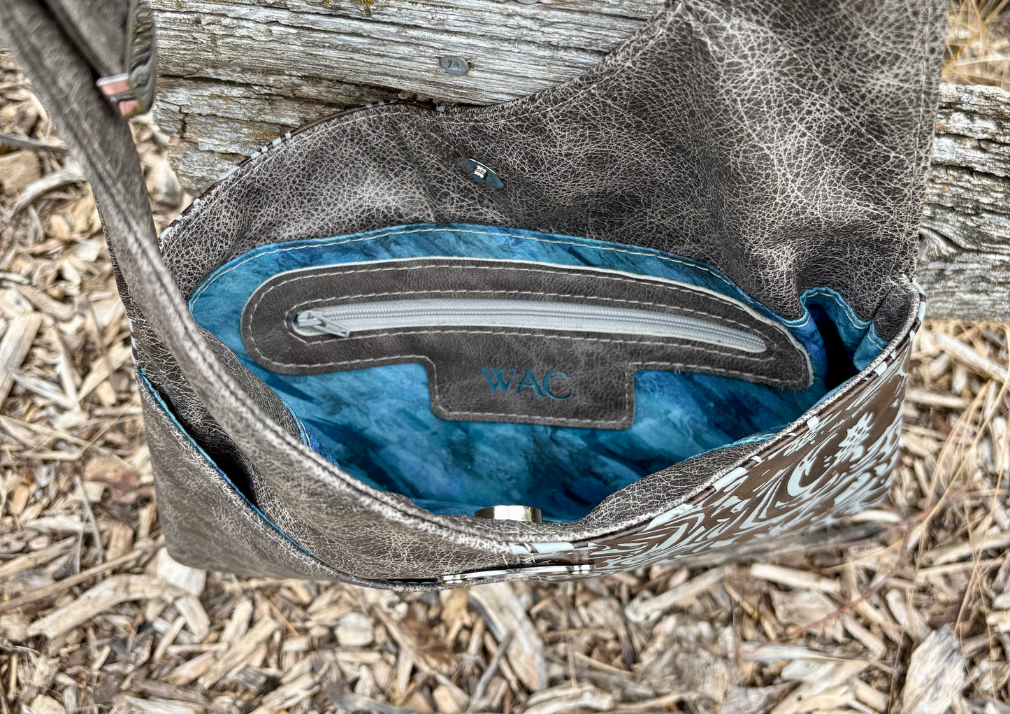 Grey Mottled Leather and Embossed Leather Crossbody Purse