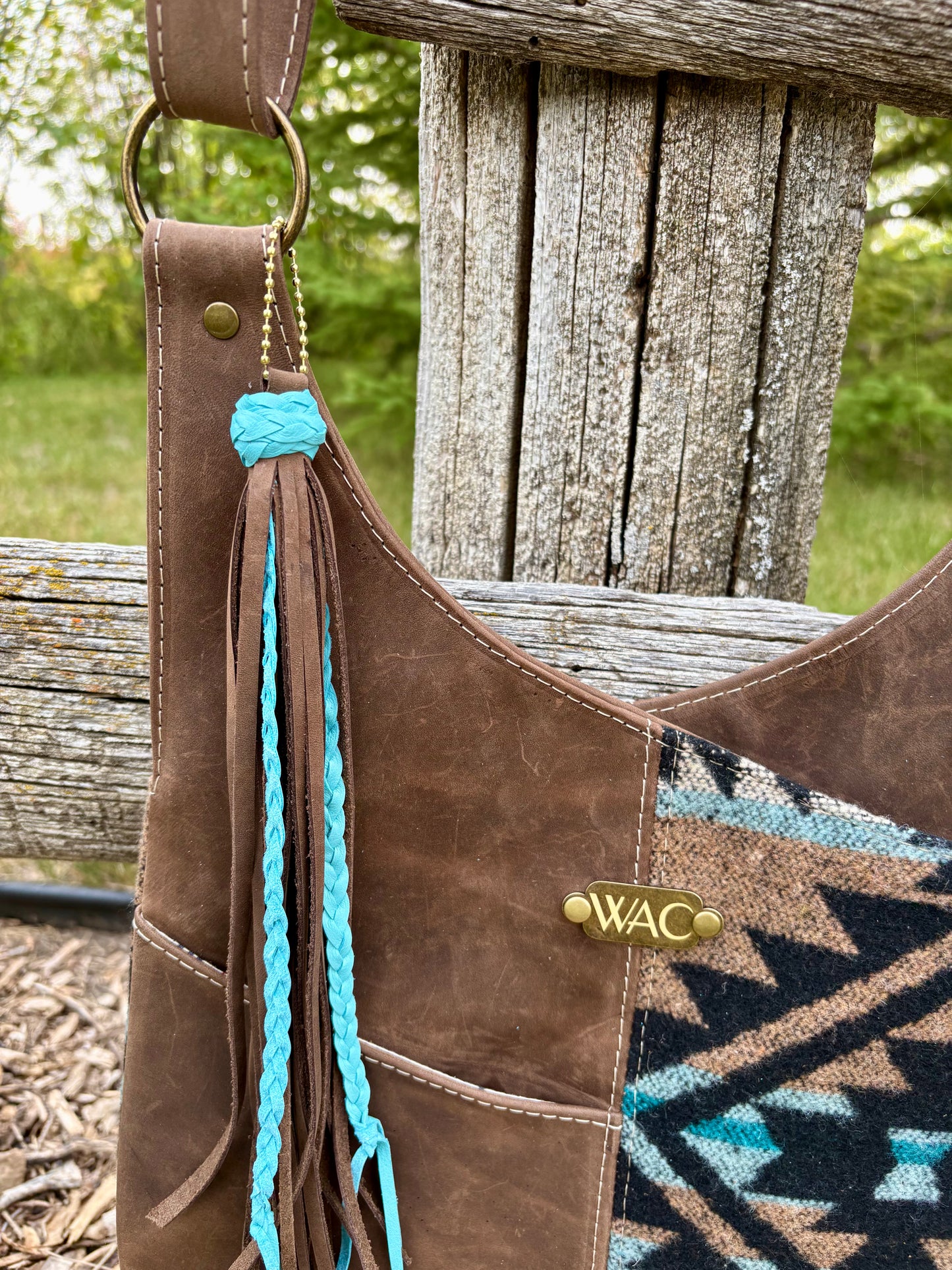 Distressed Brown Leather and Wool Crossbody Purse