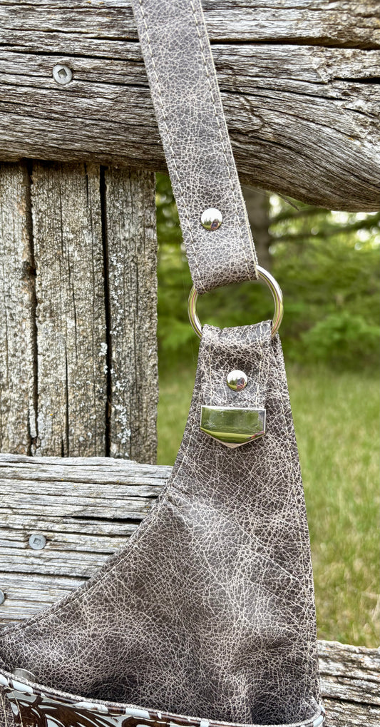 Grey Mottled Leather and Embossed Leather Crossbody Purse