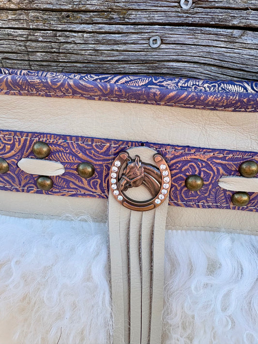White Mongolian Sheepskin and Purple Embossed Leather Crossbody