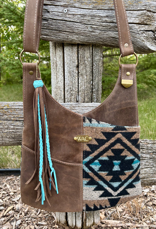 Distressed Brown Leather and Wool Crossbody Purse
