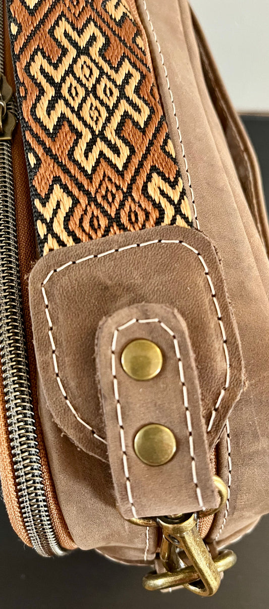 Distressed Leather and Wool Crossbody Purse