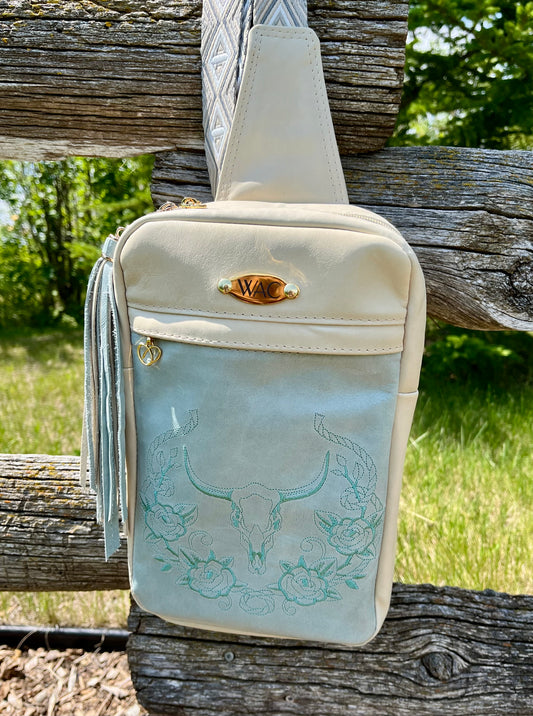 Teal and Cream Leather Embroidered Sling