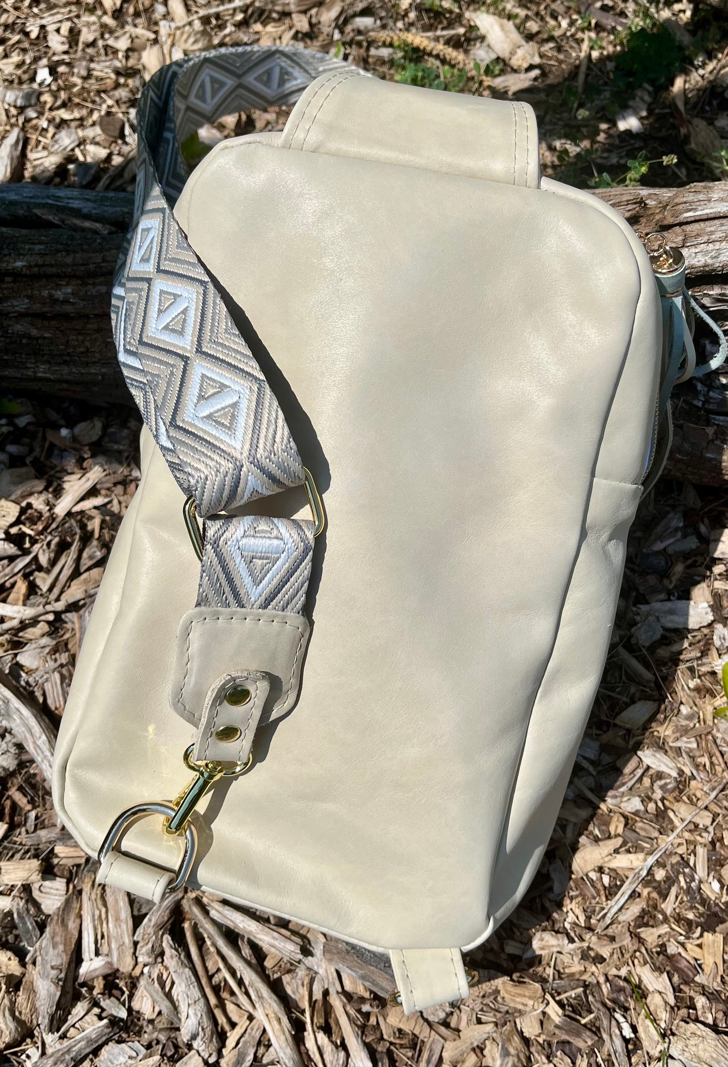 Teal and Cream Leather Embroidered Sling