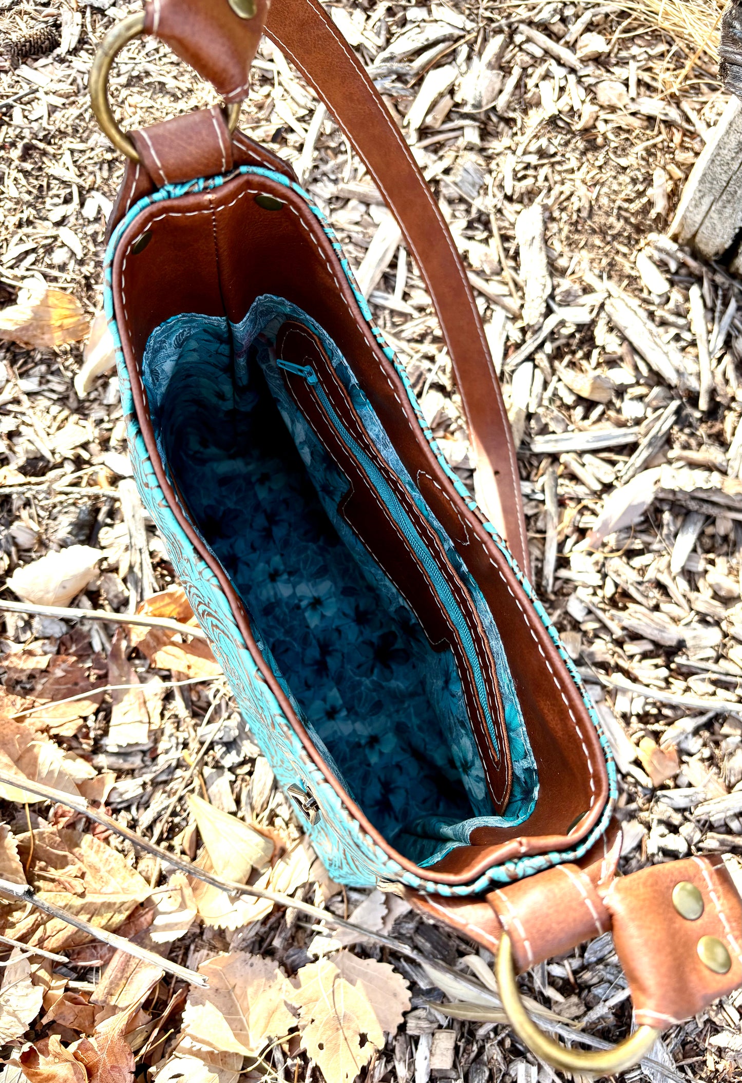 Copper Embossed Teal Leather Crossbody Purse and Matching Wallet