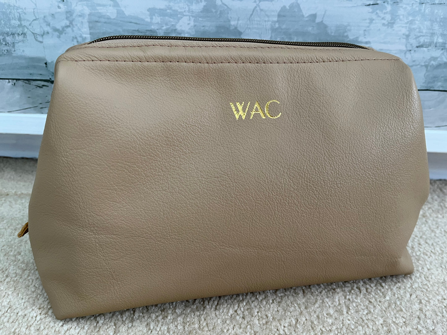 Tan Leather Toiletry Bag with Laser Engraved Butterfly