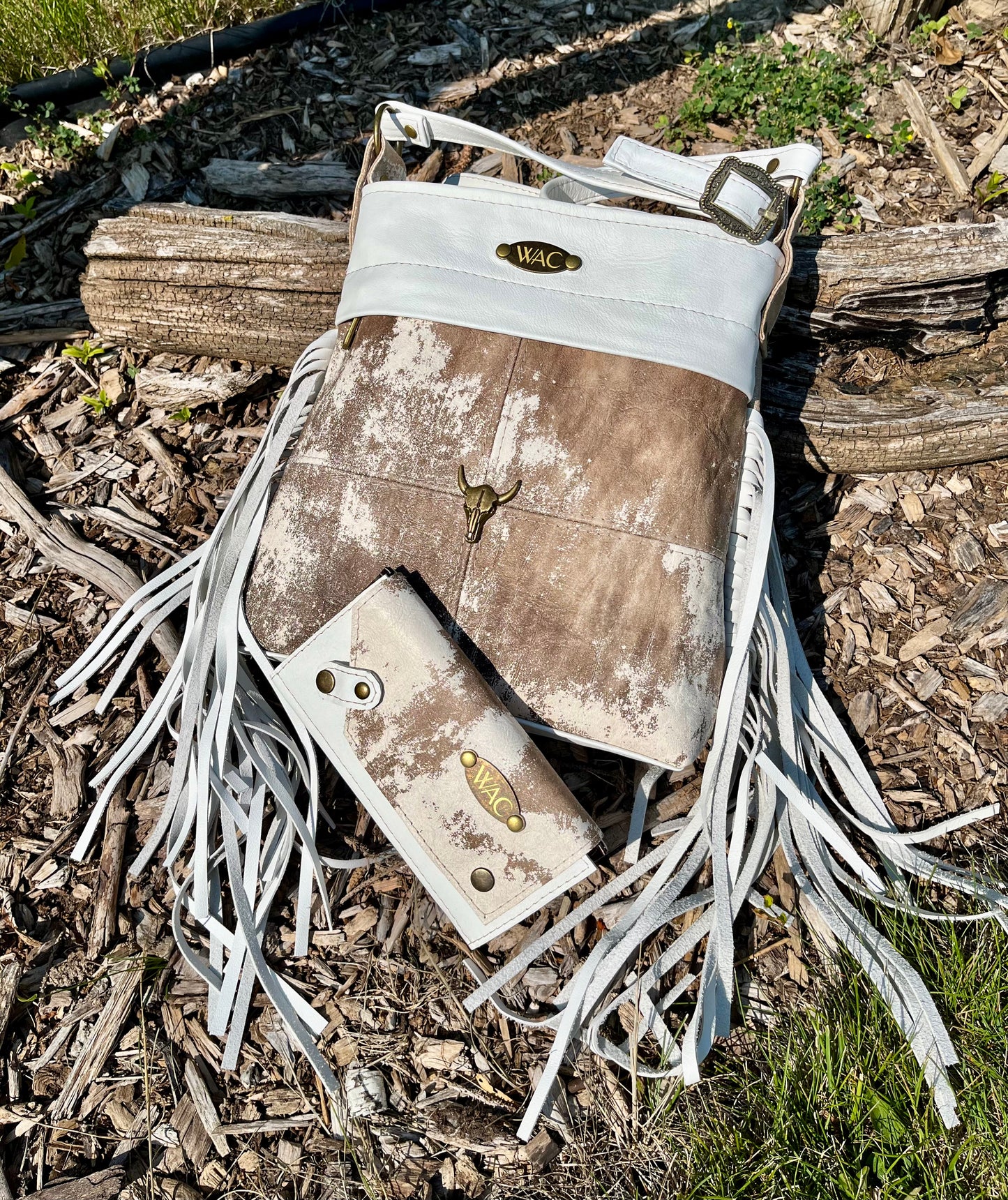 Marbled Leather Fringe Crossbody Purse and Wallet Set