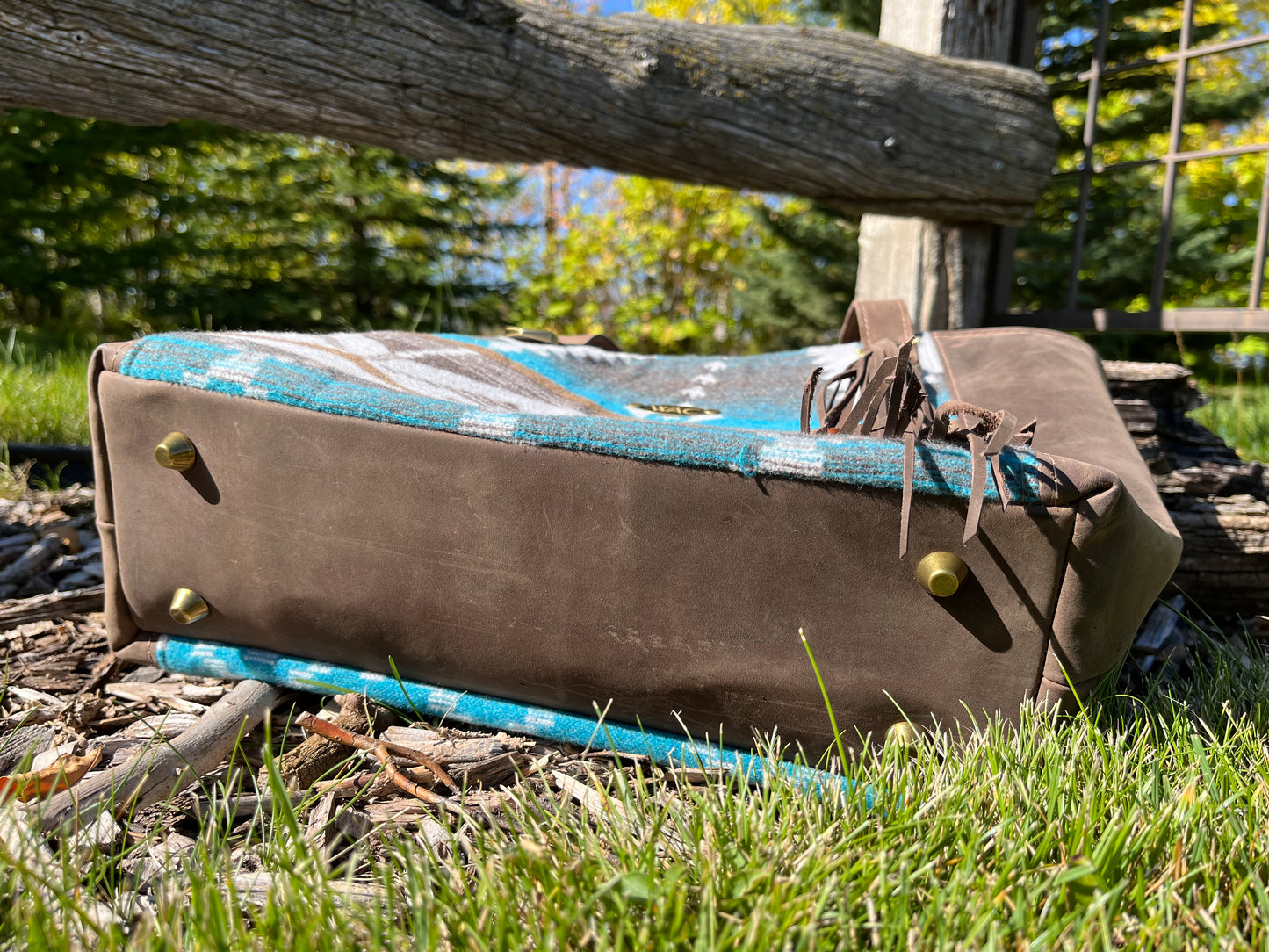 Teal and Brown Toned Wool and Brown Leather Tote