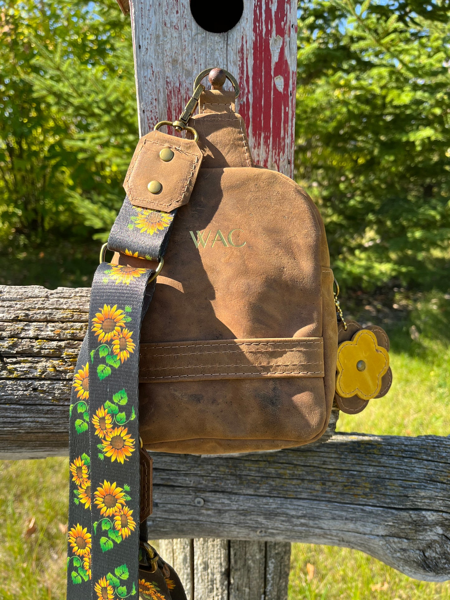 Sunflower Embroidered Leather Sling Bag