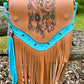 Teal and Cognac Laser Engraved Leather Fringe Purse