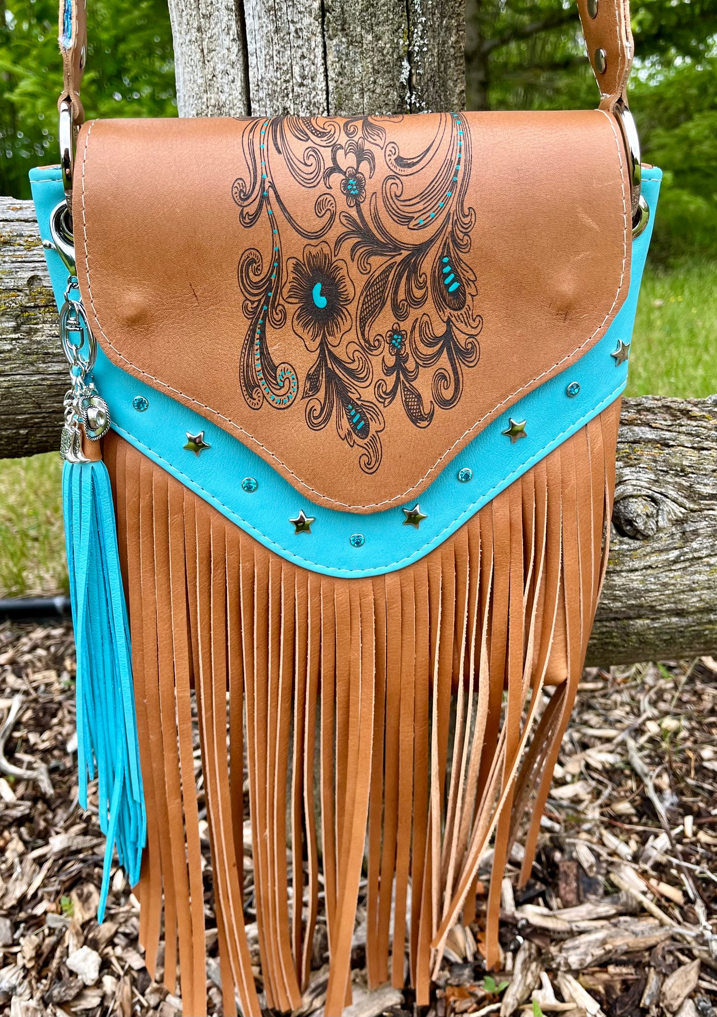 Teal and Cognac Laser Engraved Leather Fringe Purse