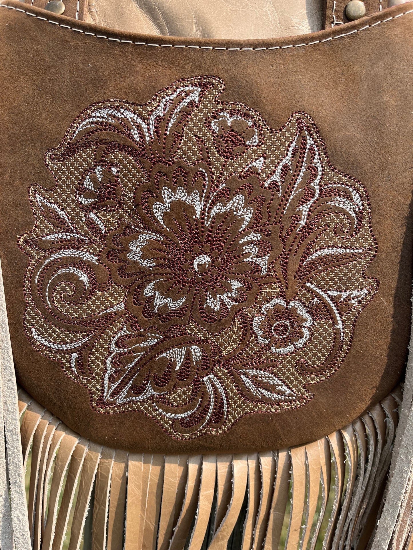 Leather Floral Embroidered Circle Fringe Bag