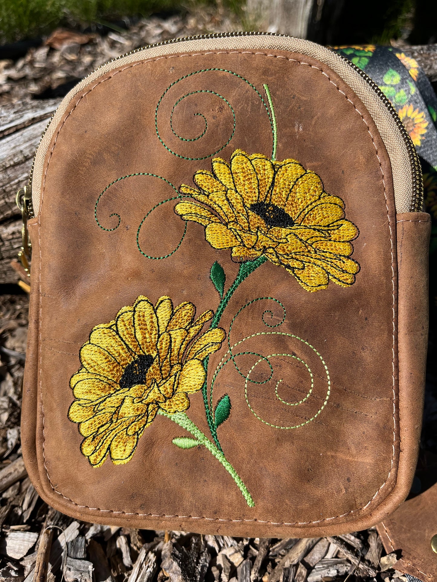 Sunflower Embroidered Leather Sling Bag