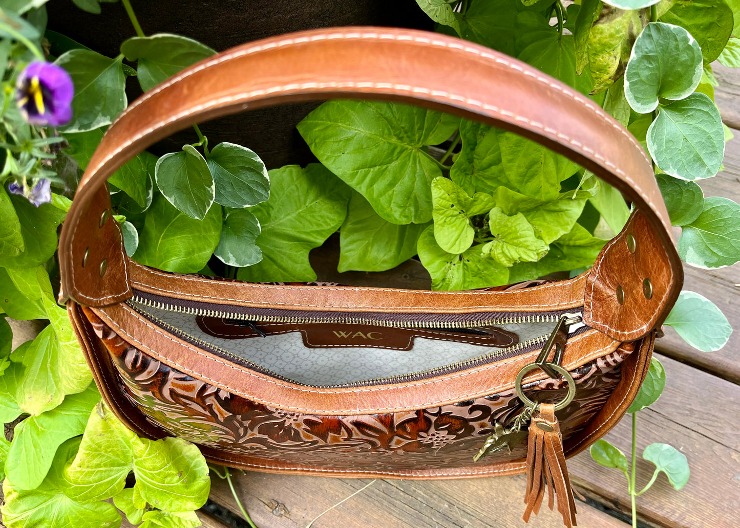 Floral Embossed and Cognac Leather Purse