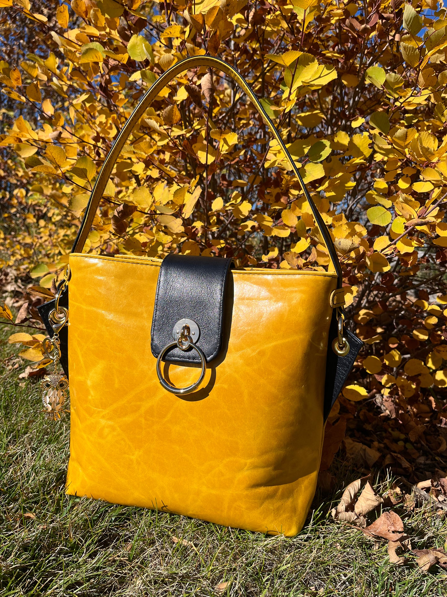 Mustard and Navy Blue Leather Purse