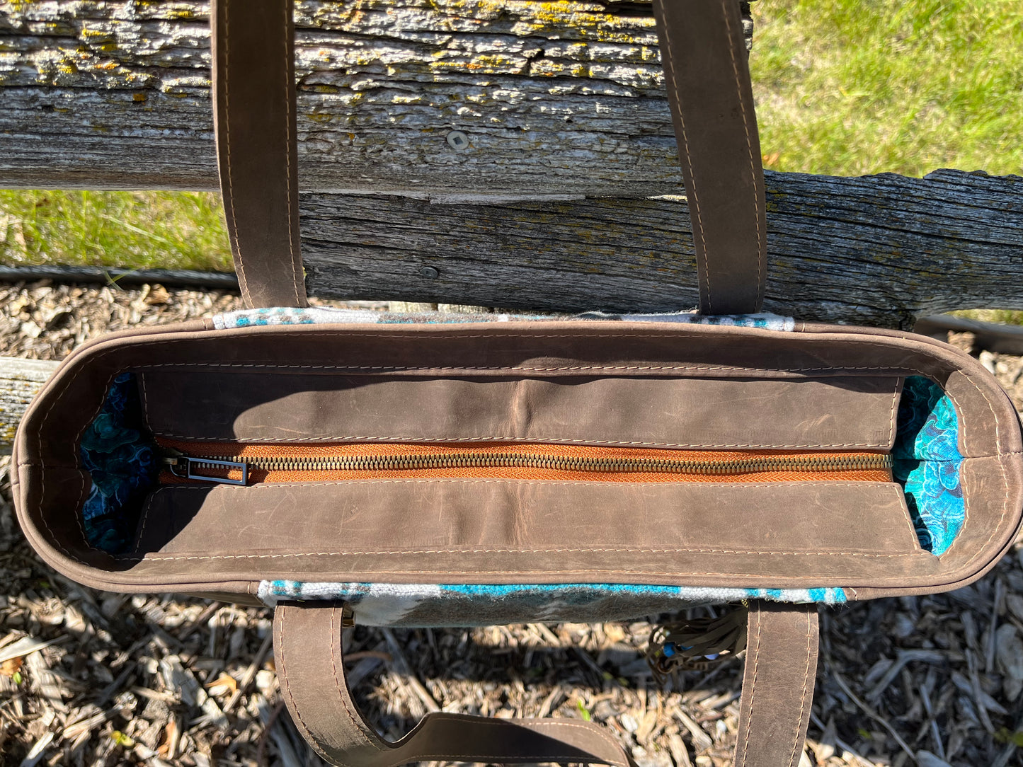 Teal and Brown Toned Wool and Brown Leather Tote