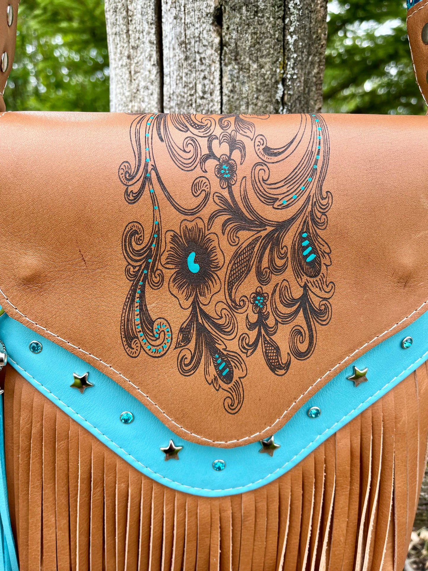 Teal and Cognac Laser Engraved Leather Fringe Purse