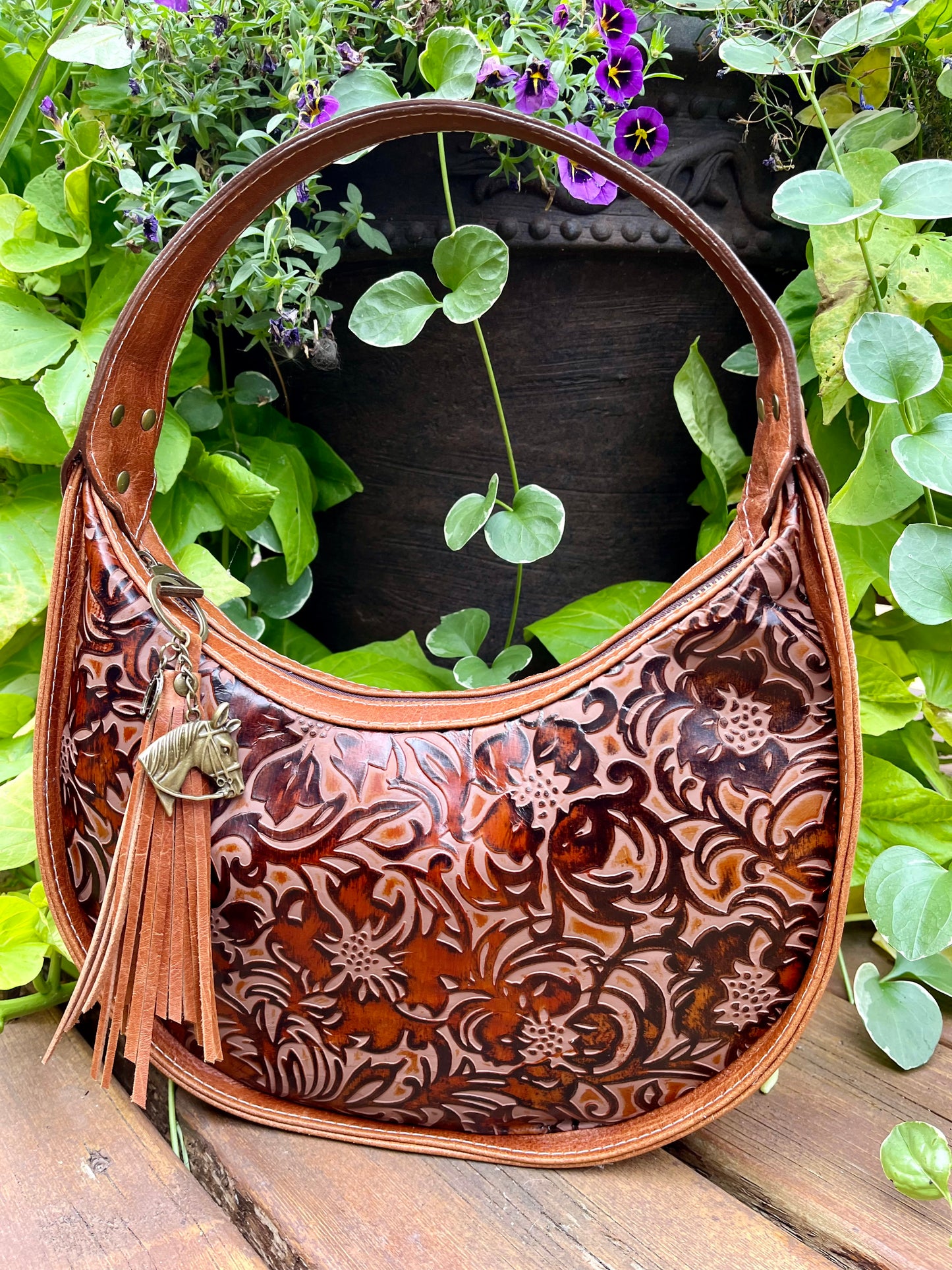 Floral Embossed and Cognac Leather Purse