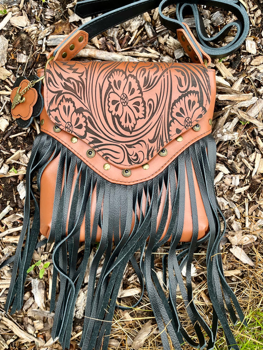 Laser Engraved Leather Fringe Purse