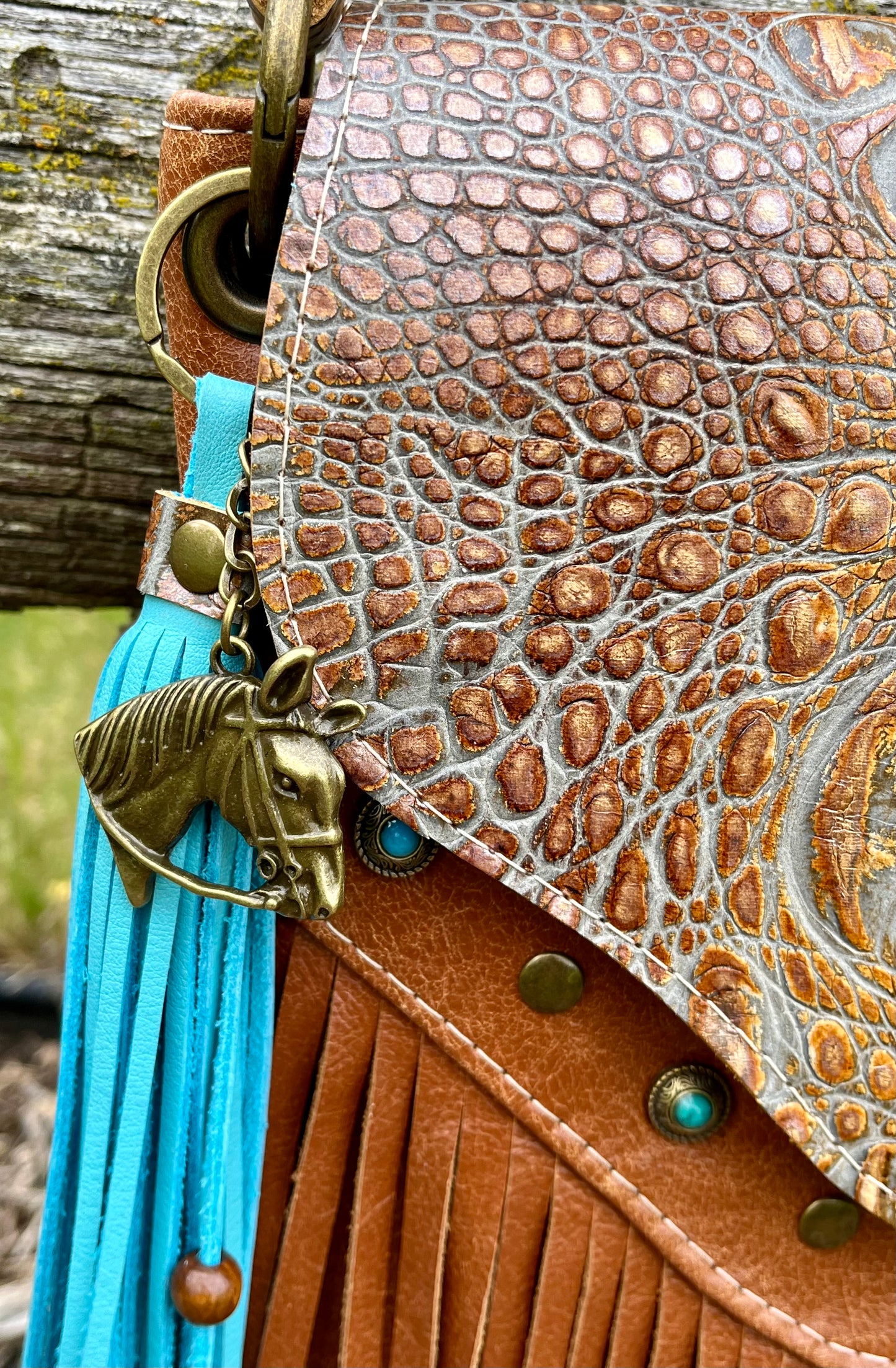 Alligator Embossed and Cognac Leather Crossbody Purse