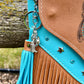 Teal and Cognac Laser Engraved Leather Fringe Purse