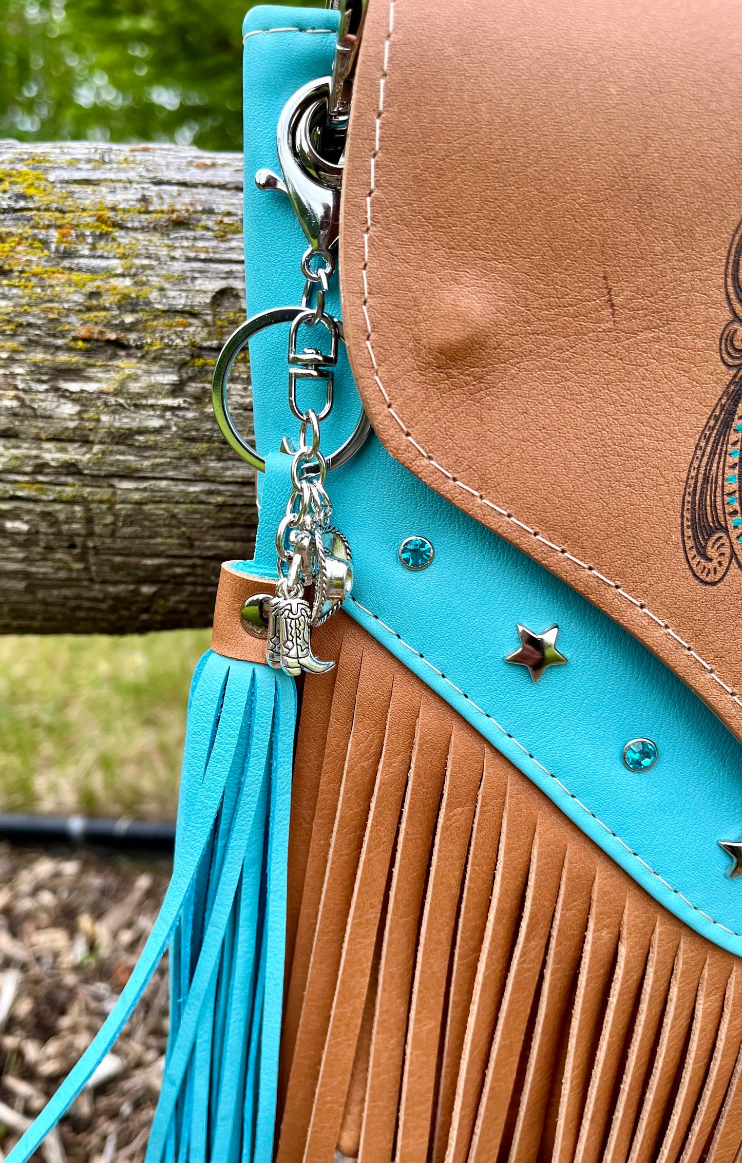 Teal and Cognac Laser Engraved Leather Fringe Purse