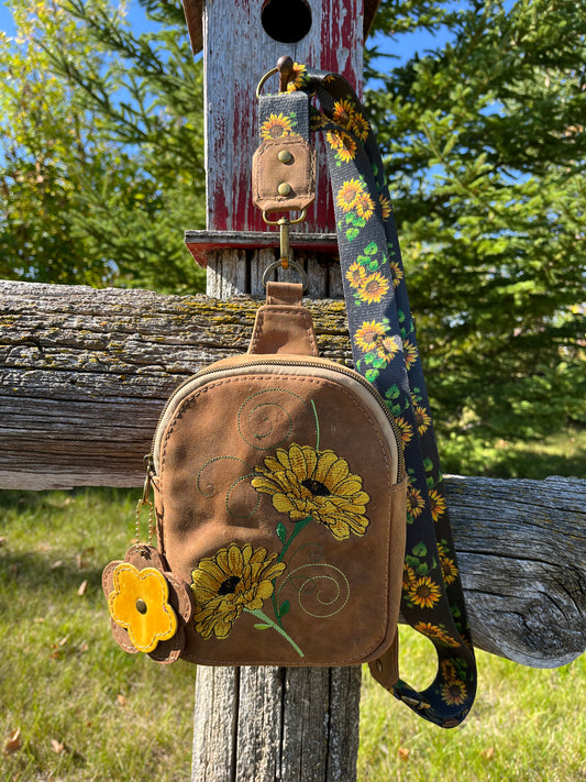 Sunflower Embroidered Leather Sling Bag