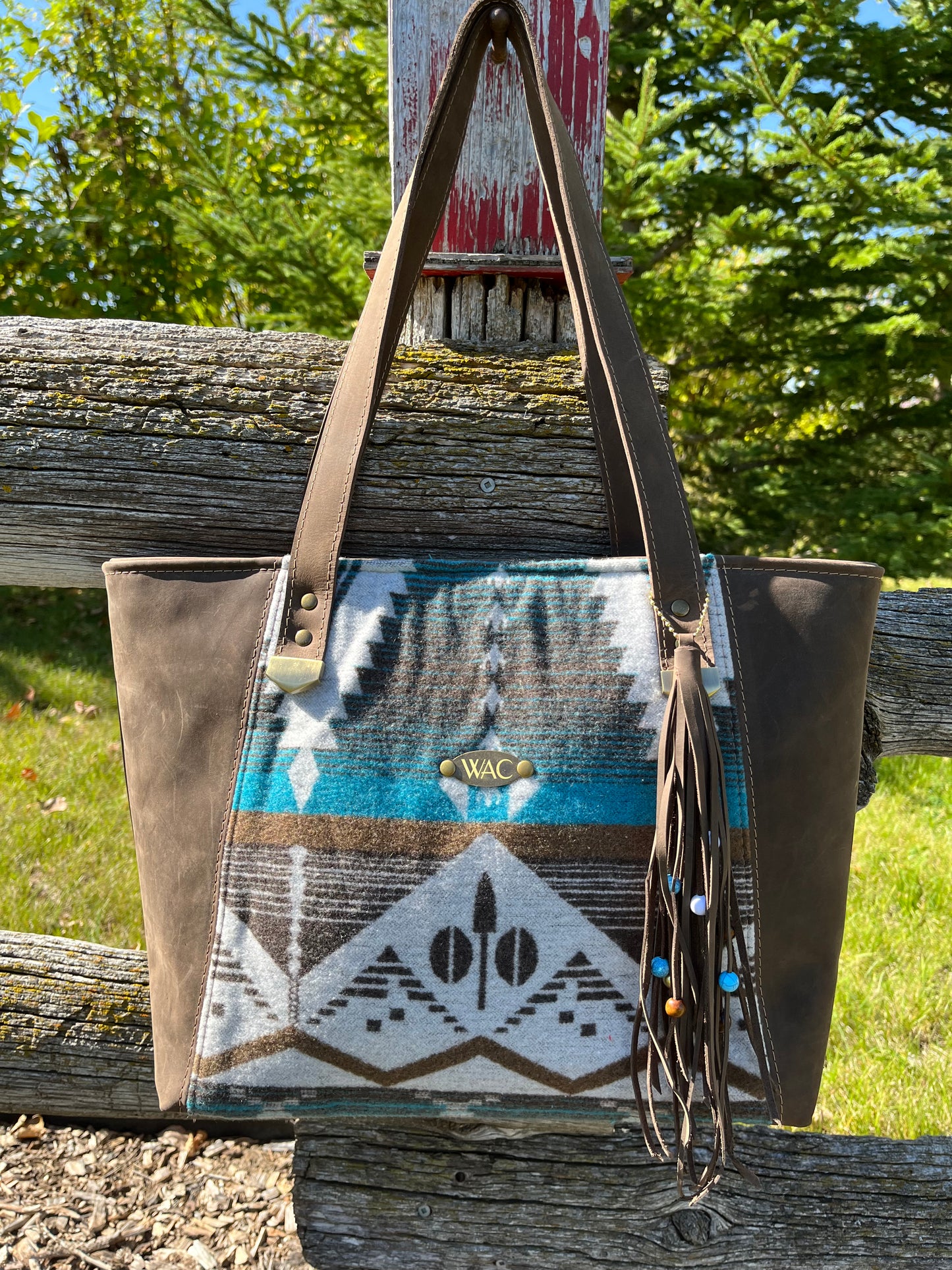 Teal and Brown Toned Wool and Brown Leather Tote