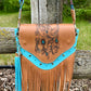 Teal and Cognac Laser Engraved Leather Fringe Purse