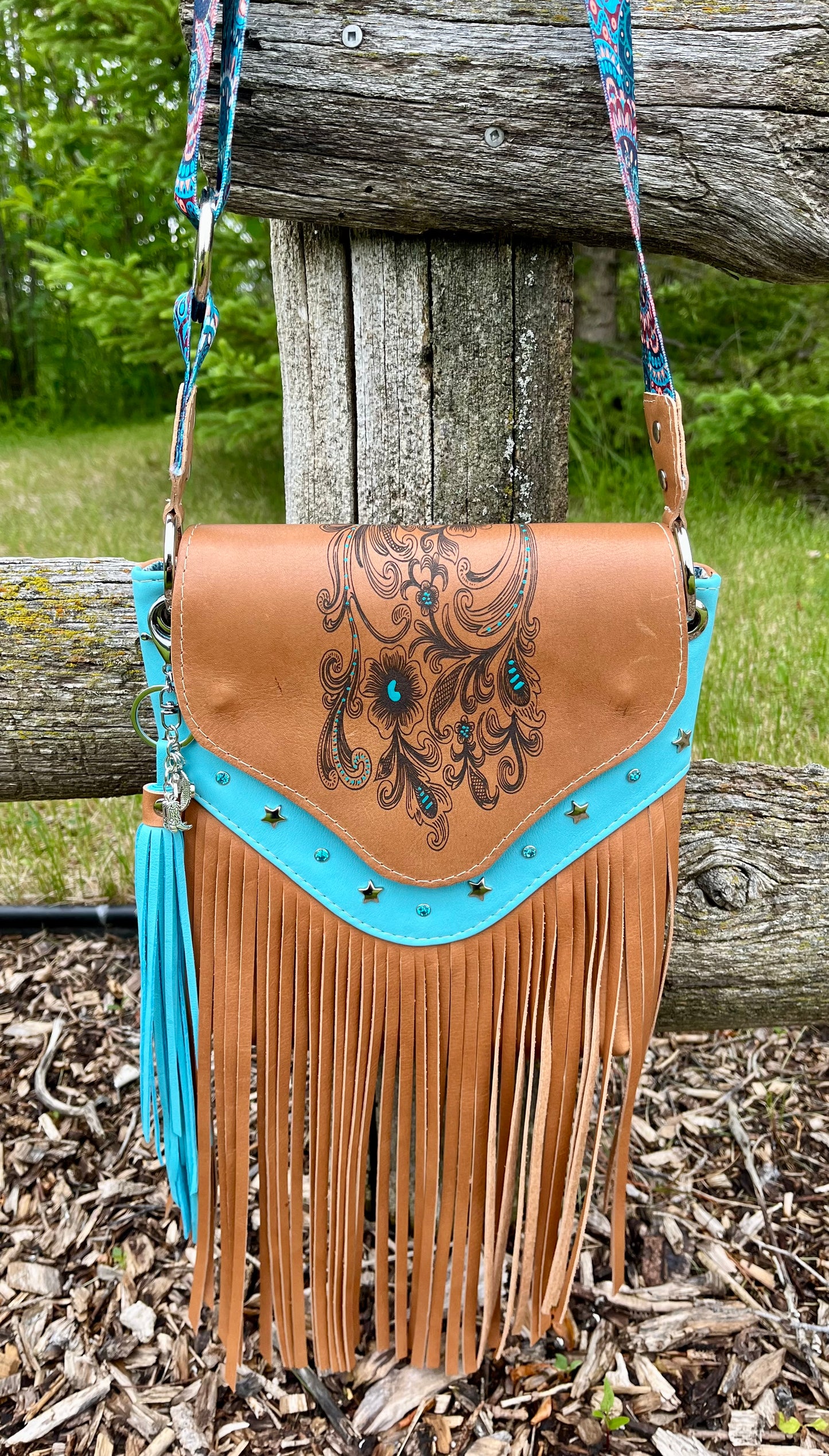 Teal and Cognac Laser Engraved Leather Fringe Purse