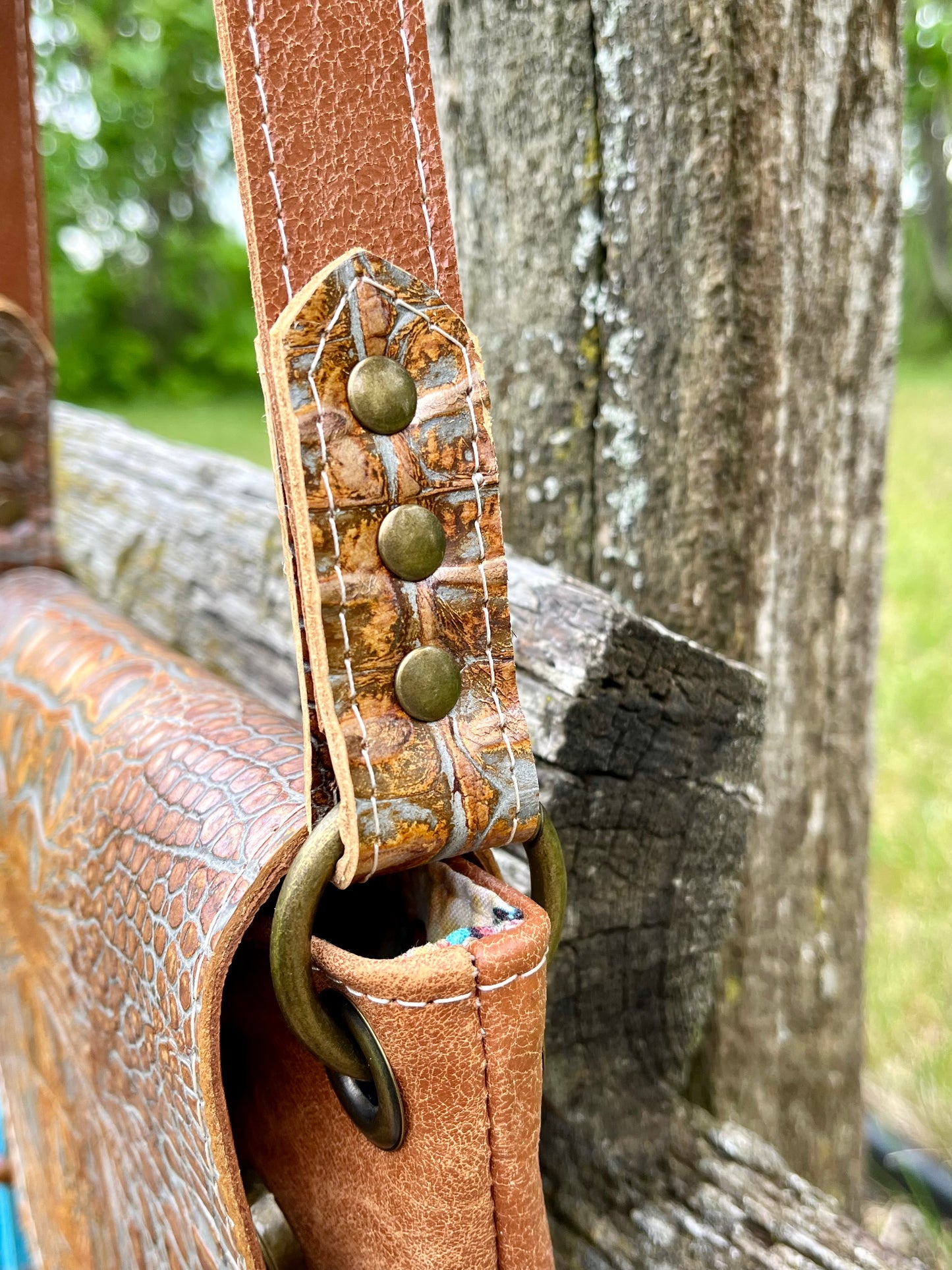 Alligator Embossed and Cognac Leather Crossbody Purse