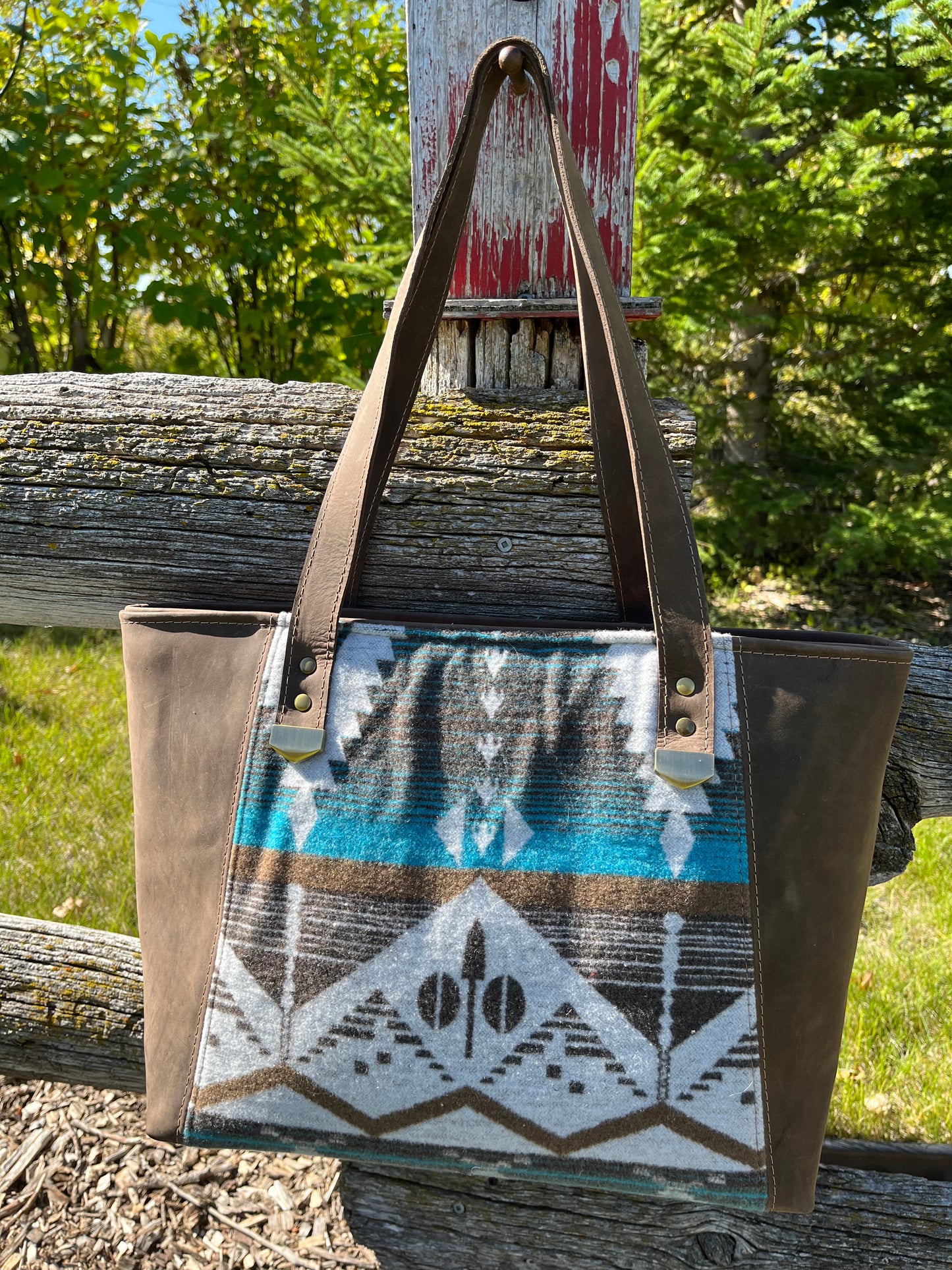 Teal and Brown Toned Wool and Brown Leather Tote