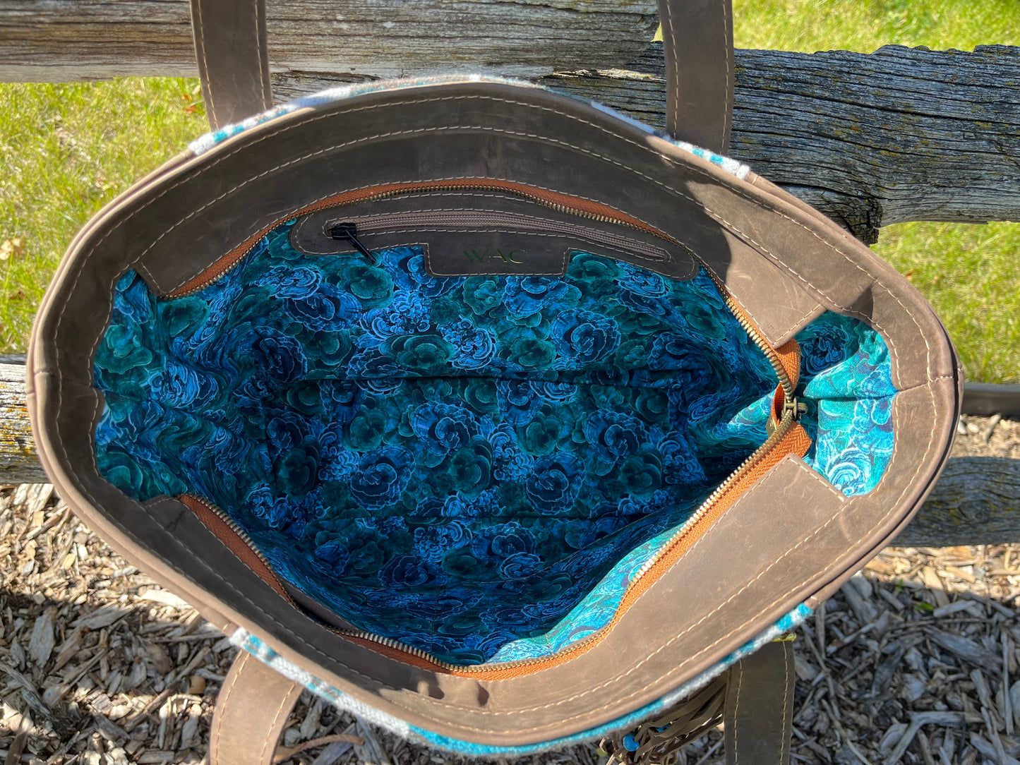 Teal and Brown Toned Wool and Brown Leather Tote