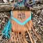 Teal and Cognac Laser Engraved Leather Fringe Purse