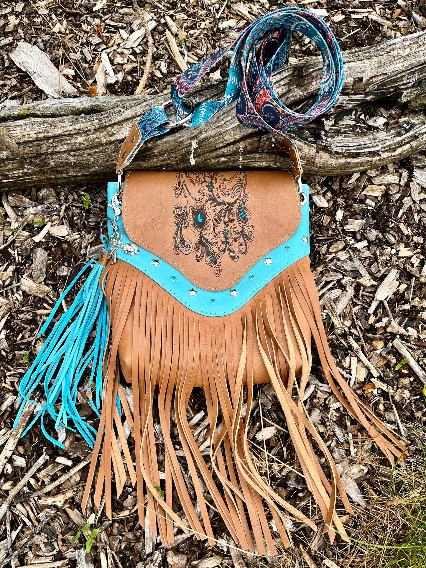 Teal and Cognac Laser Engraved Leather Fringe Purse