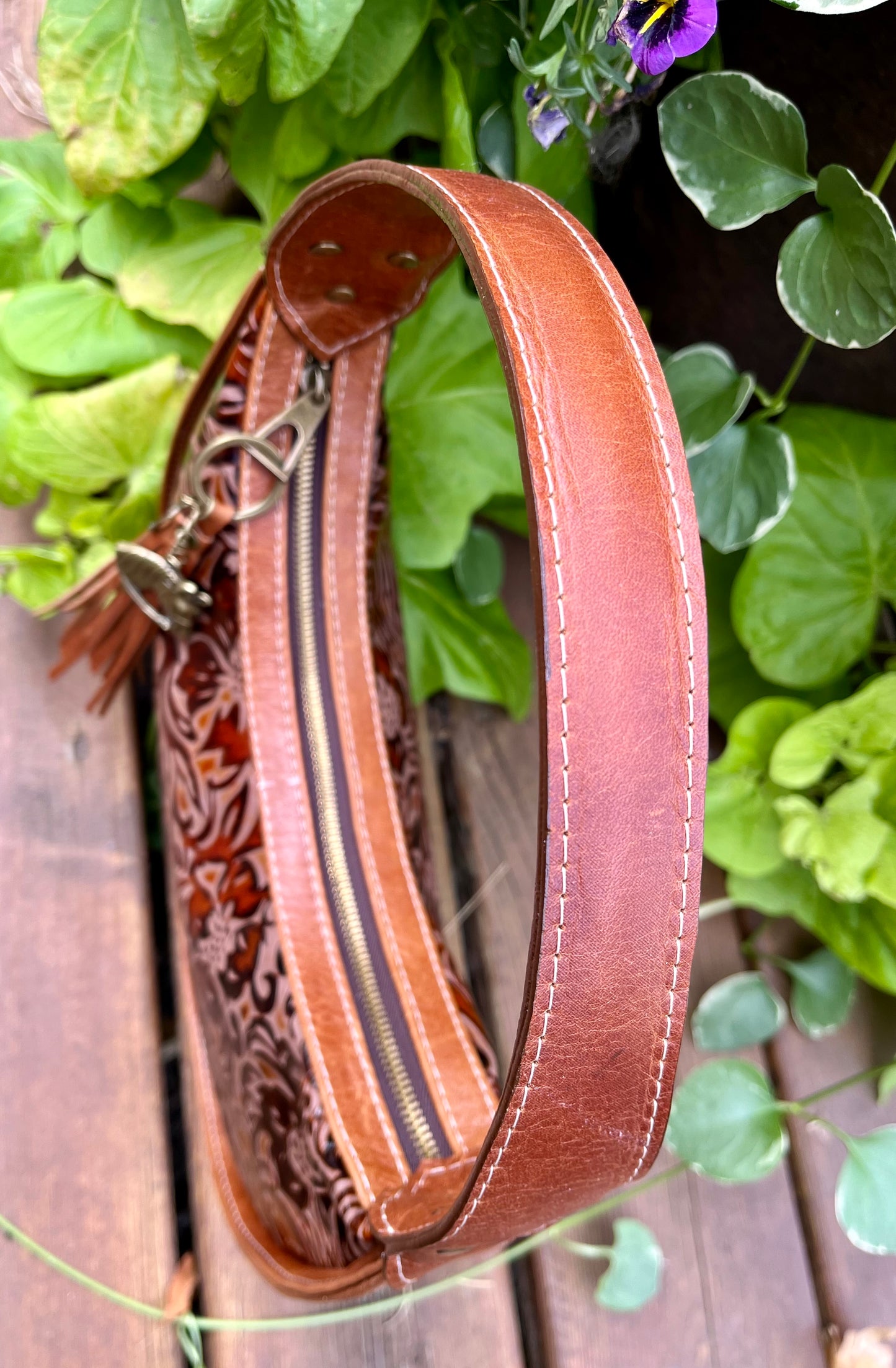 Floral Embossed and Cognac Leather Purse